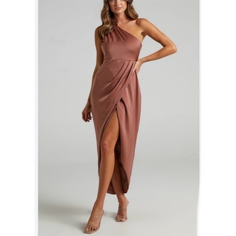 Y NWT Show Po Felt So Happy One Shoulder Dusty Rose Draped Cocktail Dress